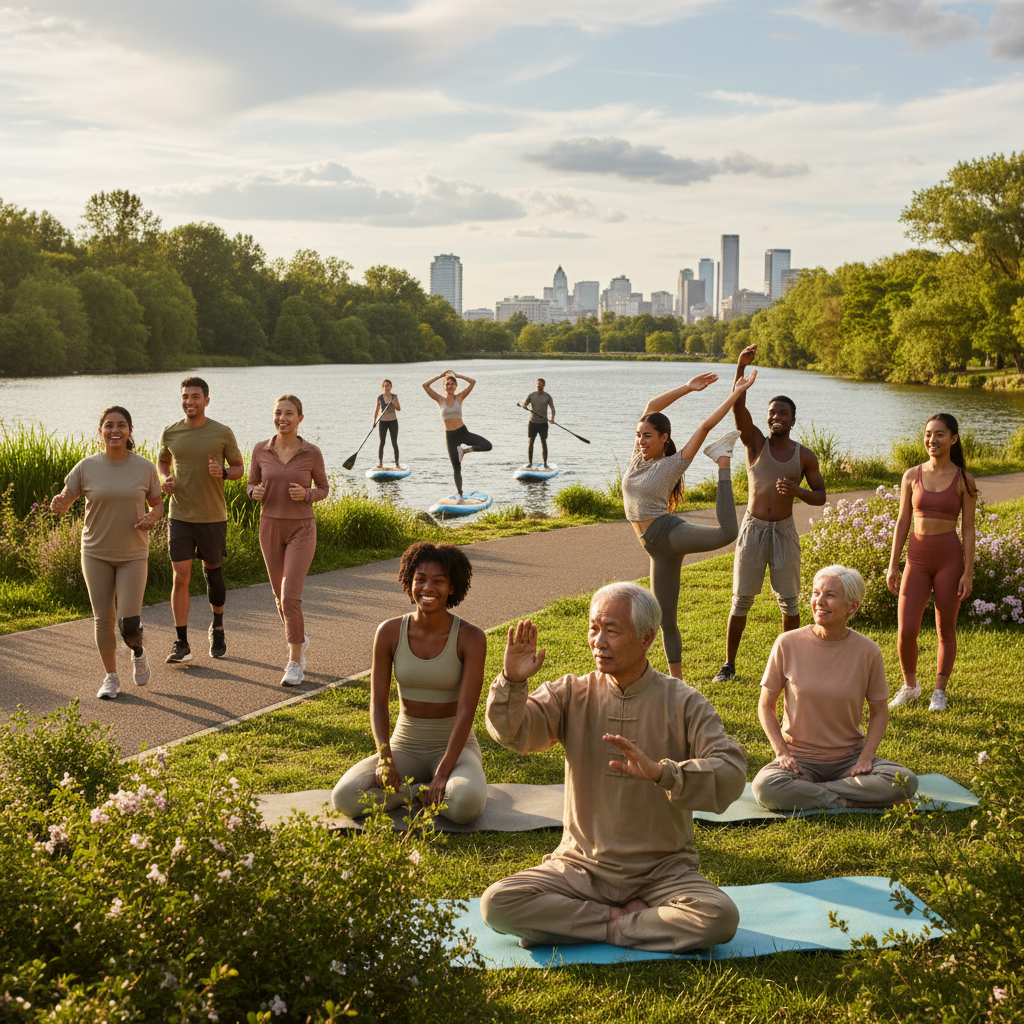 Diverse group of people engaged in healthy activities outdoors, representing well-being and an active lifestyle