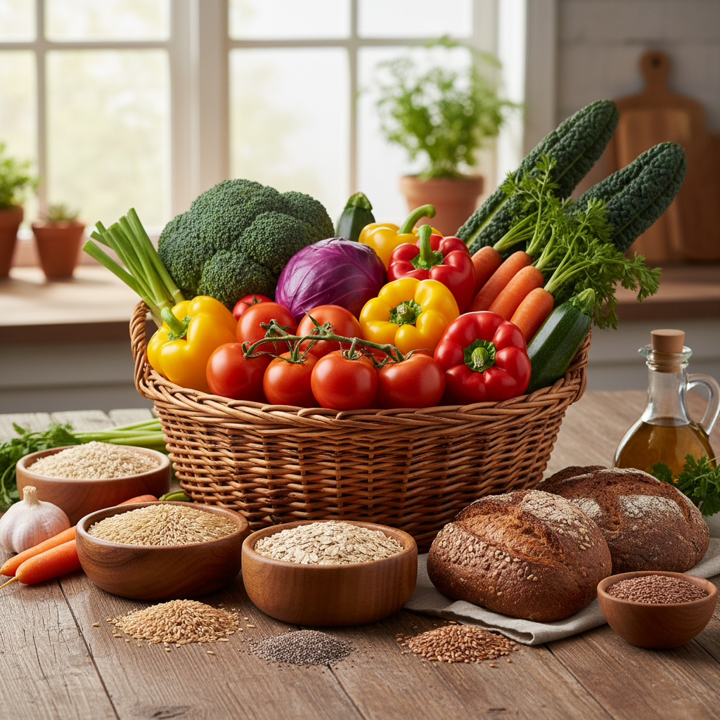 Fresh vegetables and whole grains on a wooden table representing balanced nutrition