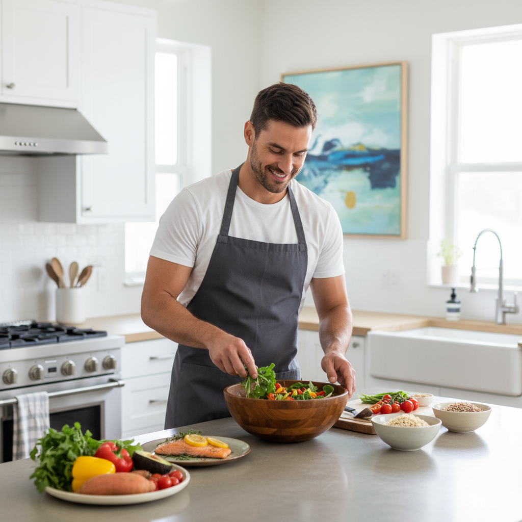 Man preparing a balanced, nutritious meal in a bright, modern kitchen